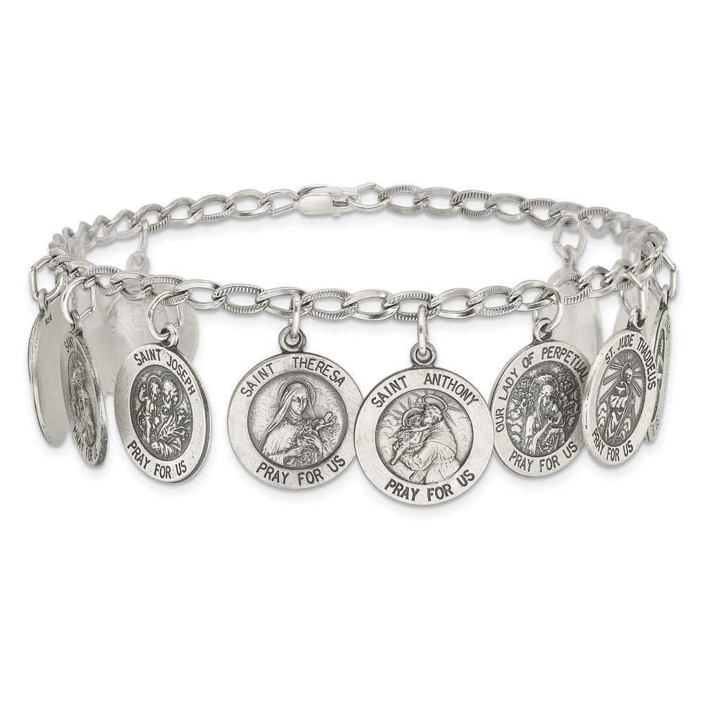 7 Inch Sterling Silver Antiqued 12 Saints 8In Bracelet