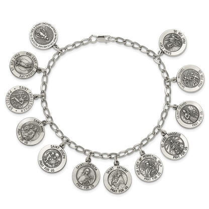 7 Inch Sterling Silver Antiqued 12 Saints 8In Bracelet