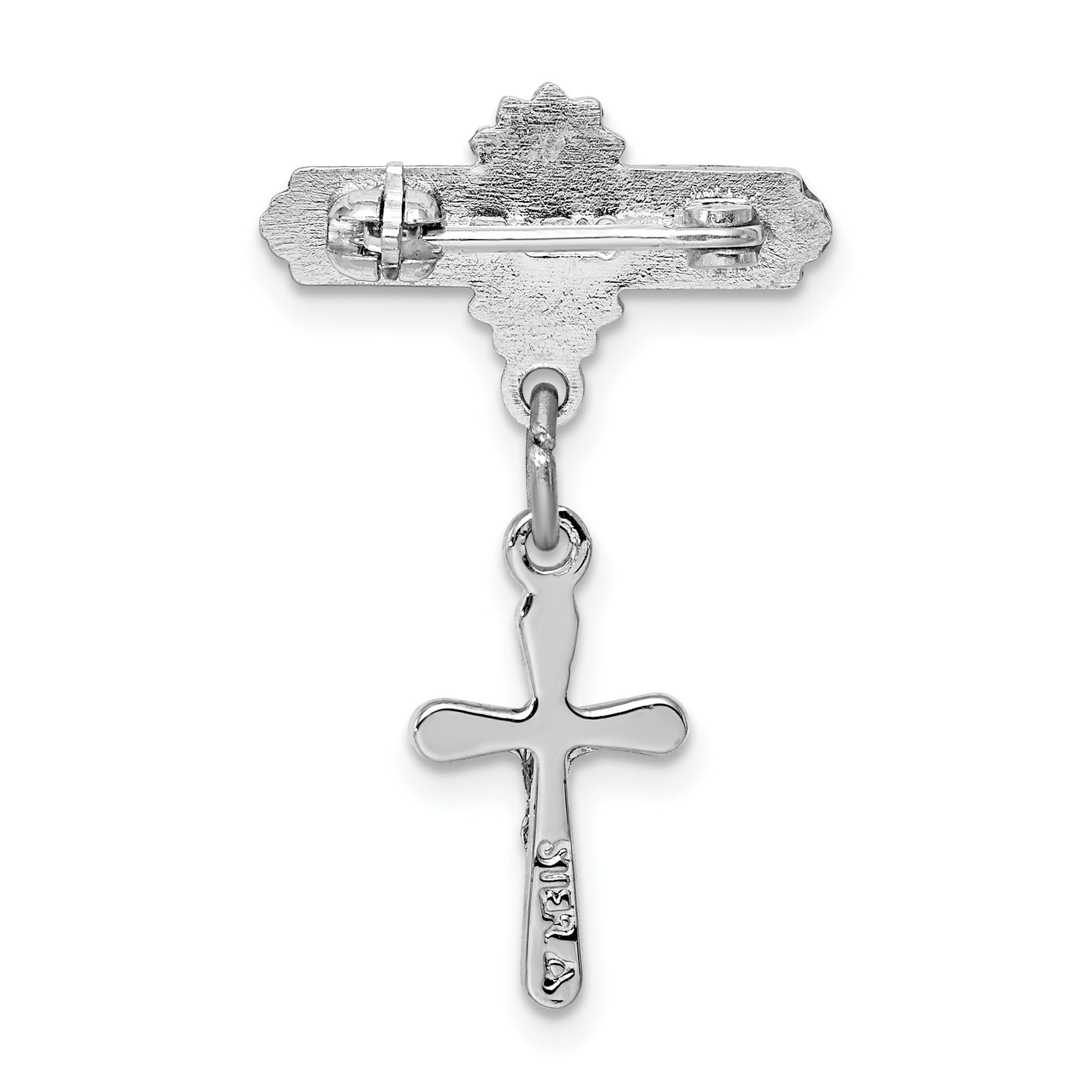 Sterling Silver Rhodium-Plated Polished Crucifix Dangle Pin Brooch