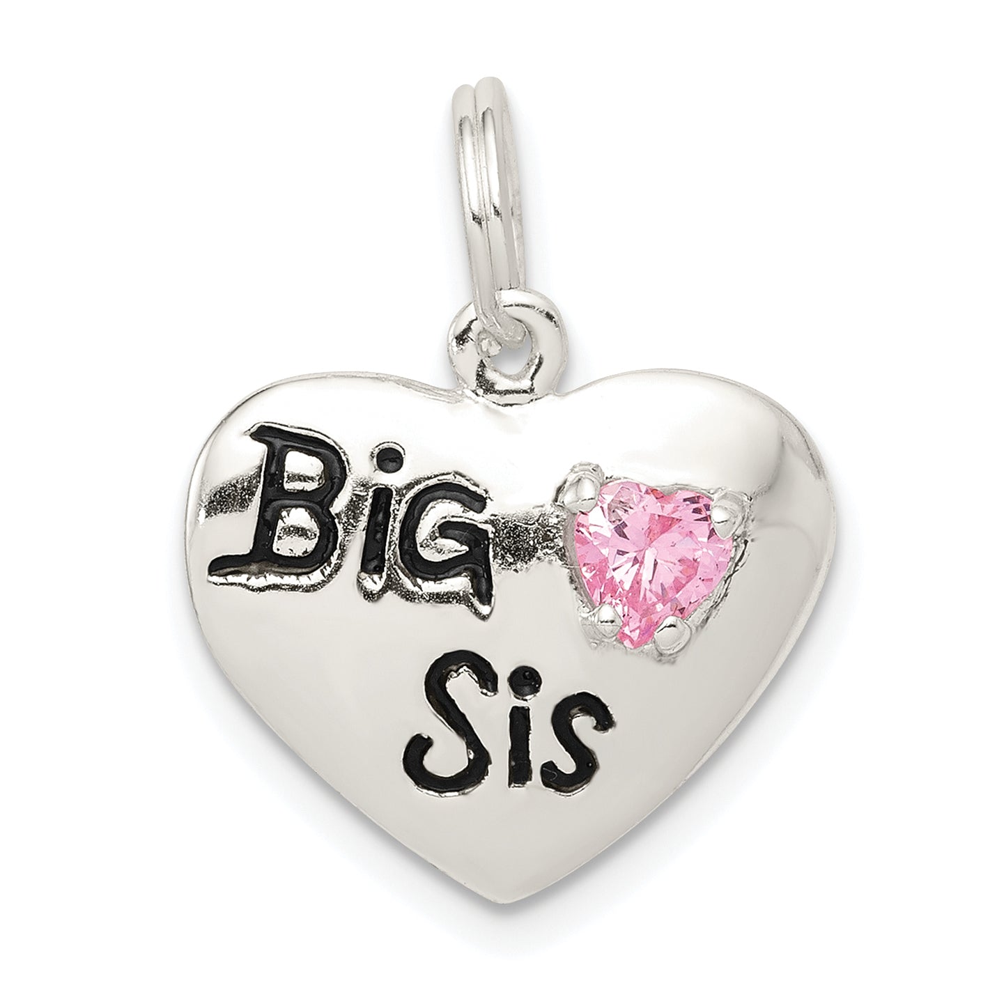 Sterling Silver Rhodium-Plated Big Sis Cz Heart Charm