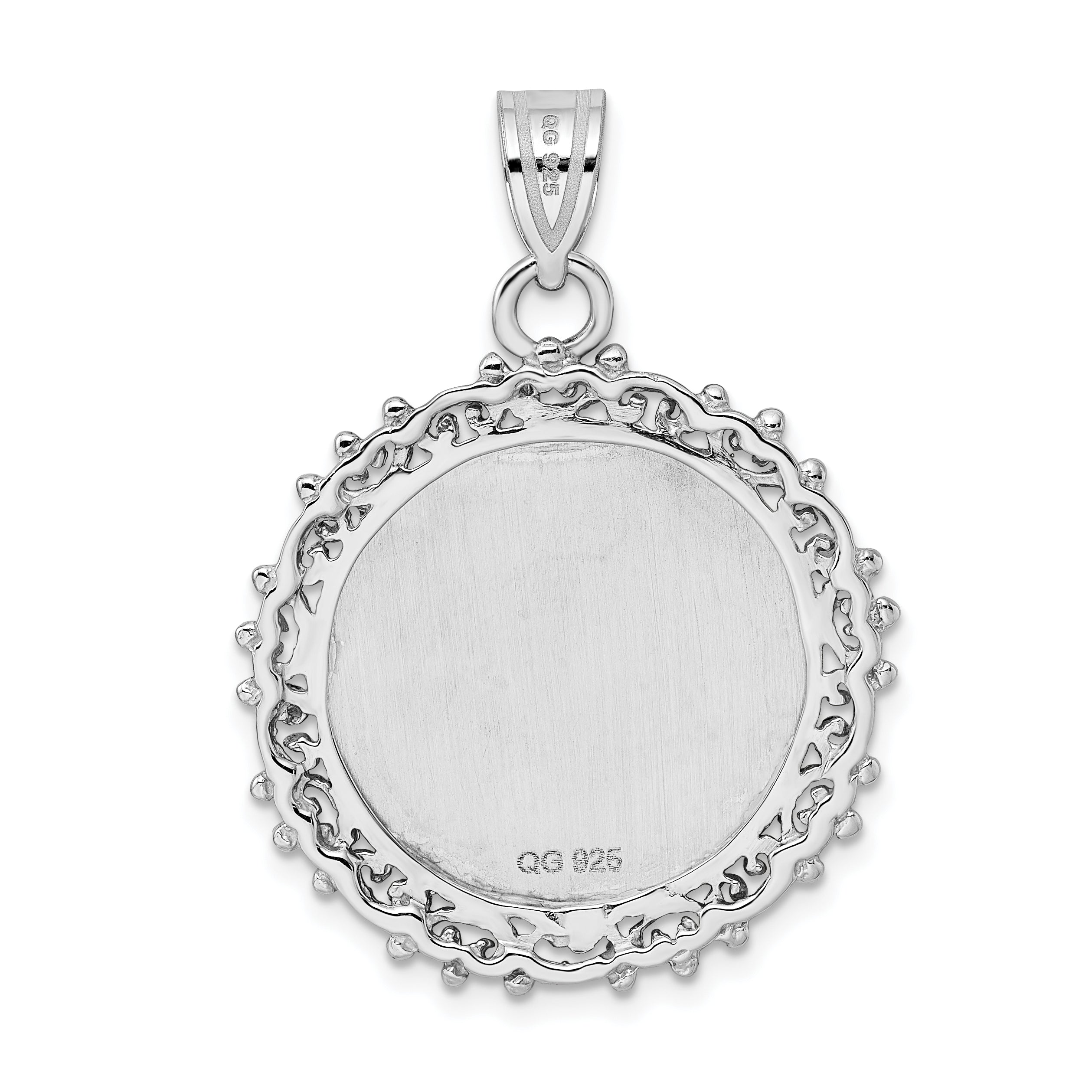 Sterling Silver Rh-Plt Fancy Round Polished Front/Satin Back Pendant