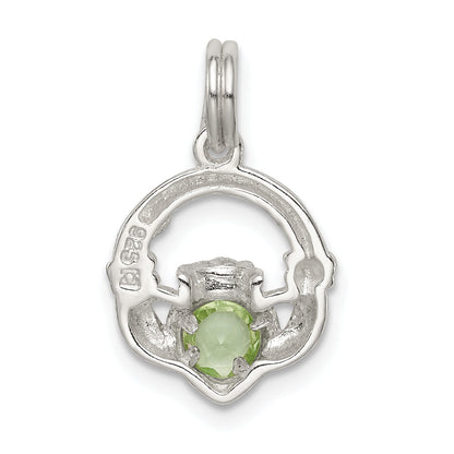 Sterling Silver Rhodium-Plated Claddagh With Green Cz Charm
