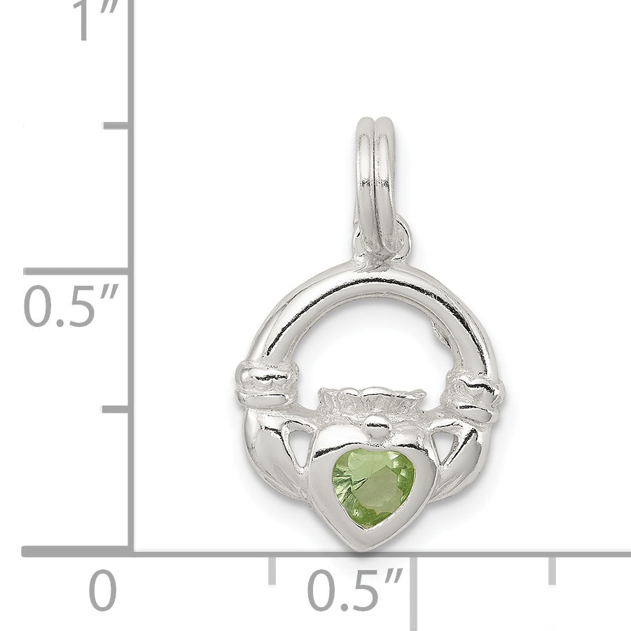 Sterling Silver Rhodium-Plated Claddagh With Green Cz Charm
