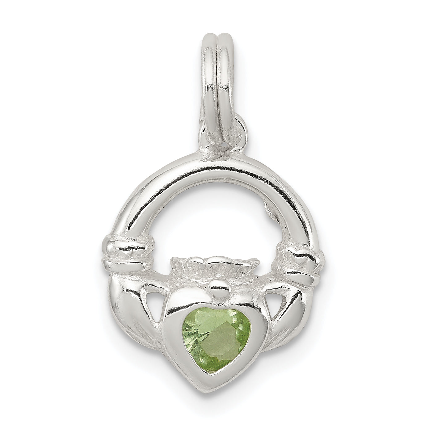 Sterling Silver Rhodium-Plated Claddagh With Green Cz Charm