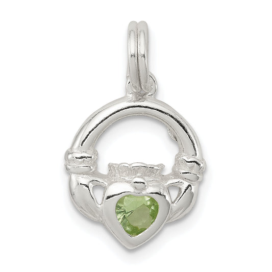 Sterling Silver Rhodium-Plated Claddagh With Green Cz Charm