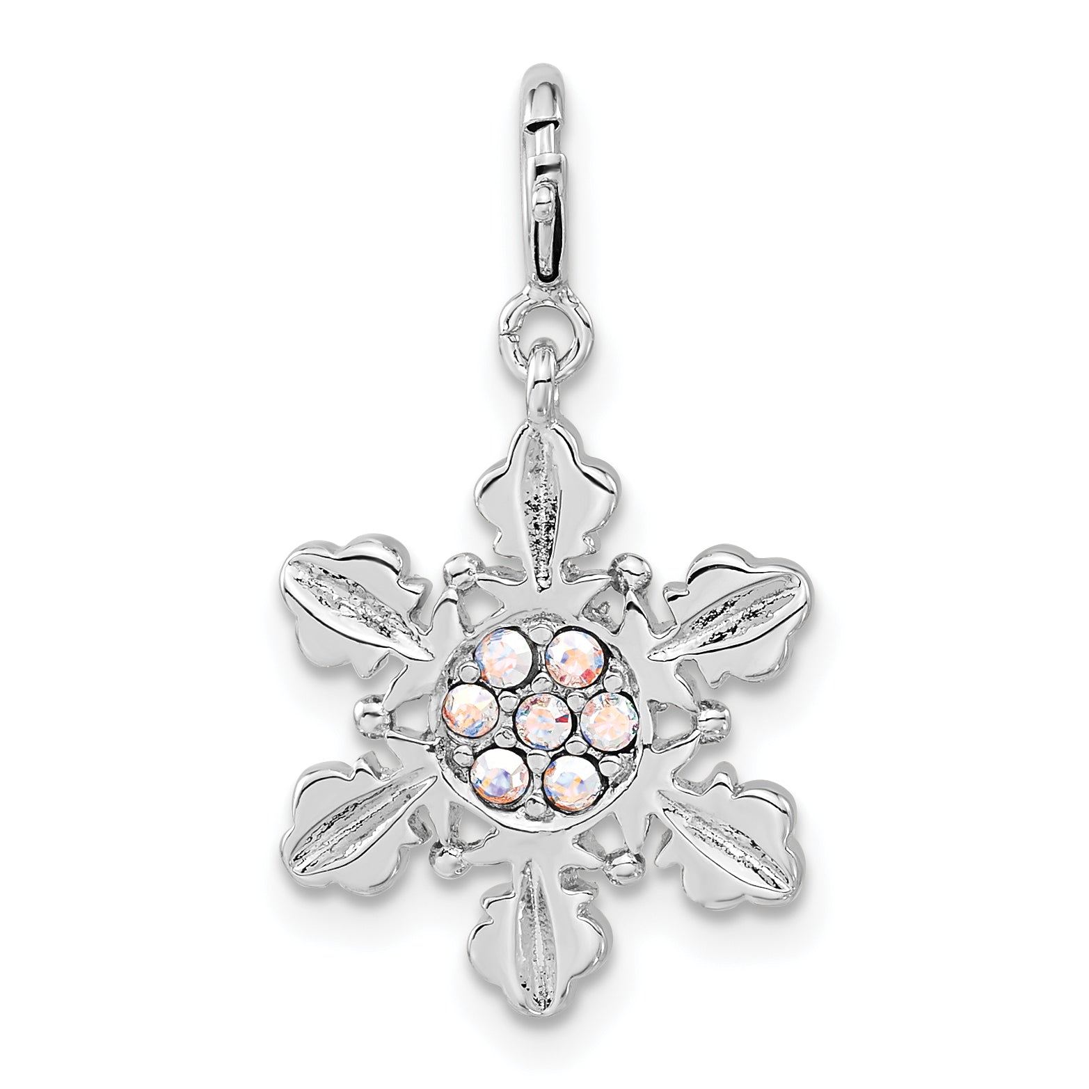 Sterling Silver Iridescent Crystal Snowflake W/ Spring Ring Clasp Charm