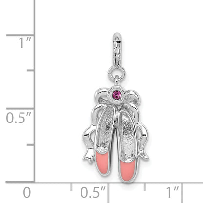 Sterling Silver Rhodium-Plated Pink Enameled Ballet Slippers Charm