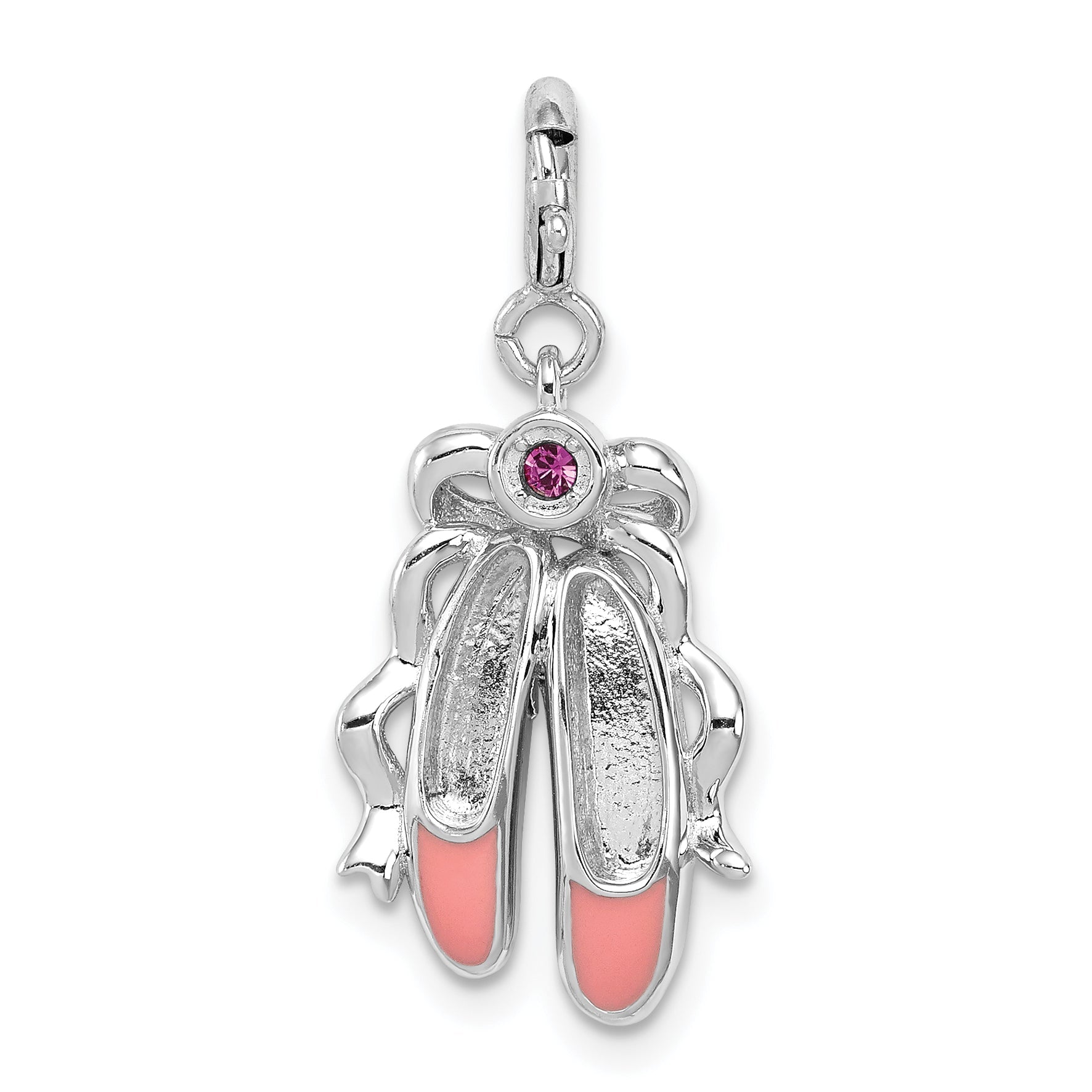 Sterling Silver Rhodium-Plated Pink Enameled Ballet Slippers Charm