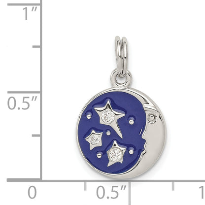 Sterling Silver Rhodium-Plated Enameled And Cz Moon Star Charm