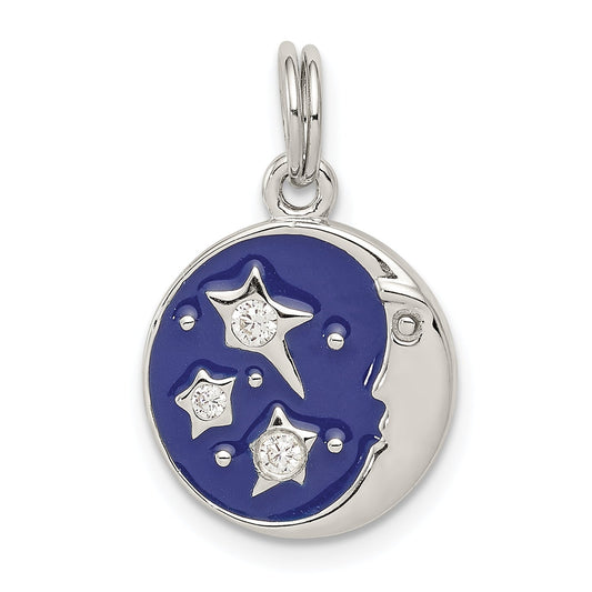 Sterling Silver Rhodium-Plated Enameled And Cz Moon Star Charm
