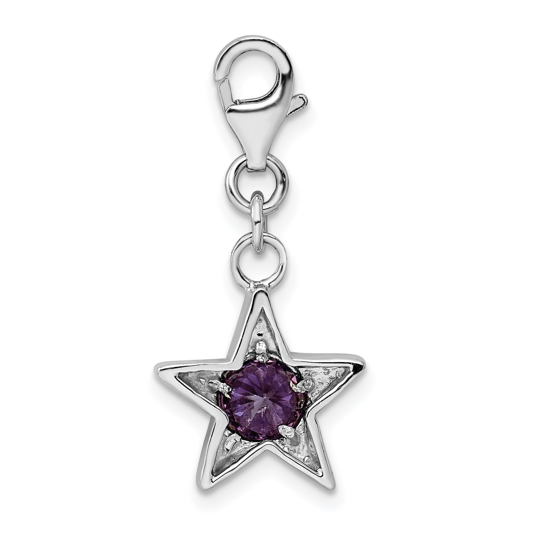 Sterling Silver Rhodium-Plated February Cz Birthstone Star Charm