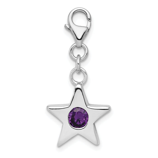 Sterling Silver Rhodium-Plated February Cz Birthstone Star Charm