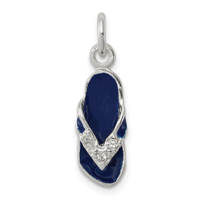 Sterling Silver Cz And Blue Enameled Flip Flop Charm