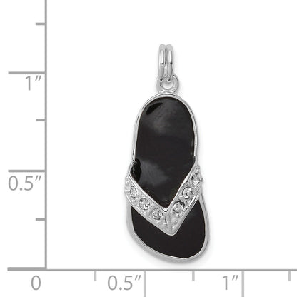 Sterling Silver Black Enameled Cz Flip Flop Charm