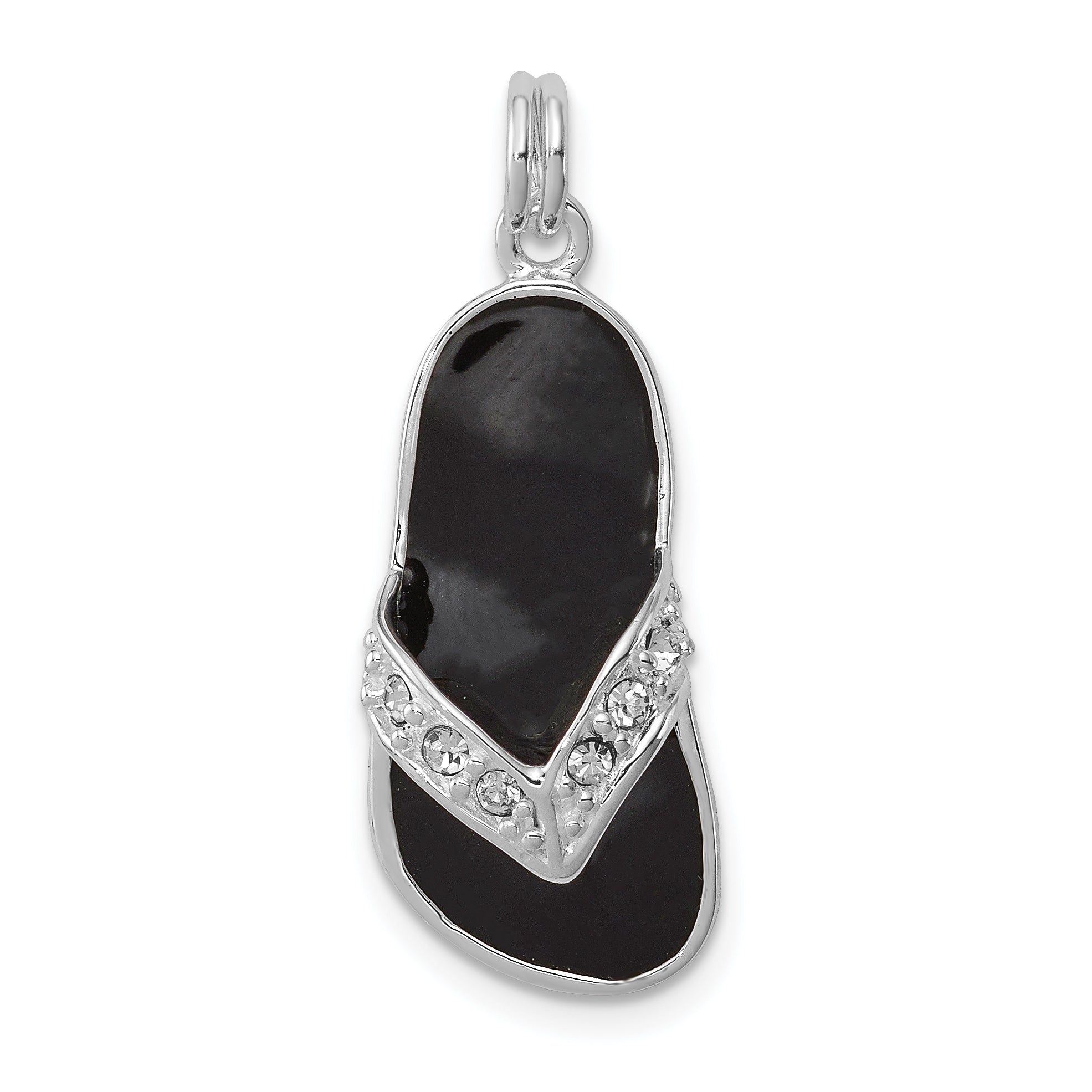 Sterling Silver Black Enameled Cz Flip Flop Charm