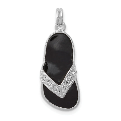 Sterling Silver Black Enameled Cz Flip Flop Charm