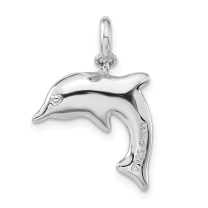 Sterling Silver Blue Enameled & Cz Dolphin W/ Spring Ring Clasp Charm