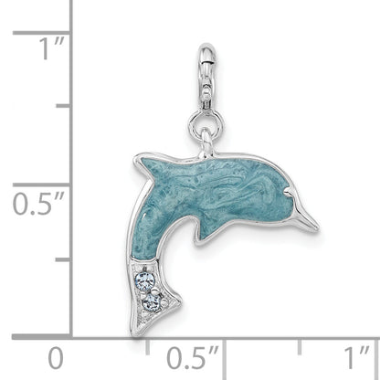 Sterling Silver Blue Enameled & Cz Dolphin W/ Spring Ring Clasp Charm