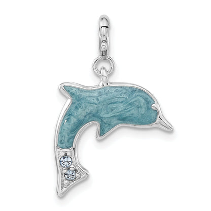 Sterling Silver Blue Enameled & Cz Dolphin W/ Spring Ring Clasp Charm