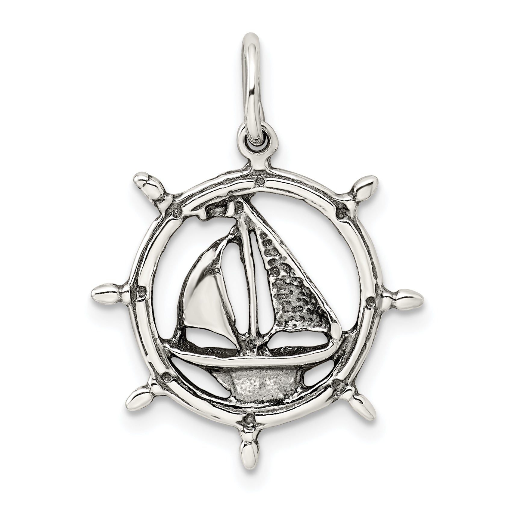 Sterling Silver Antiqued Sailboat In Wheel Charm