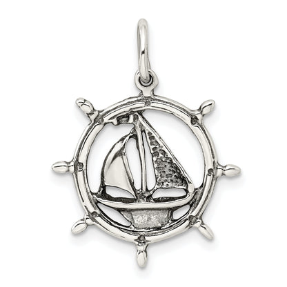 Sterling Silver Antiqued Sailboat In Wheel Charm