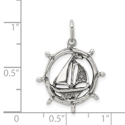 Sterling Silver Antiqued Sailboat In Wheel Charm