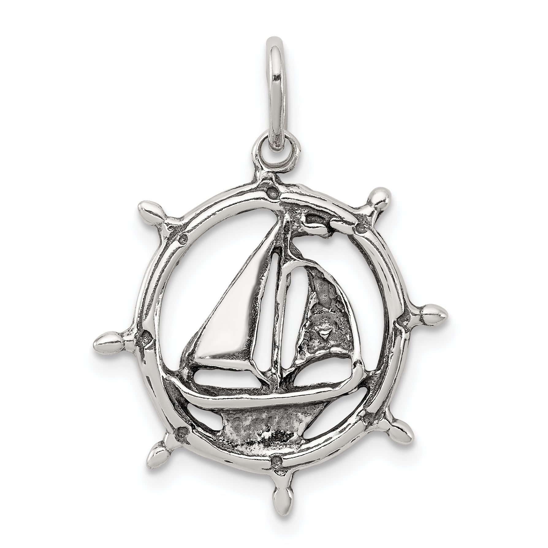 Sterling Silver Antiqued Sailboat In Wheel Charm