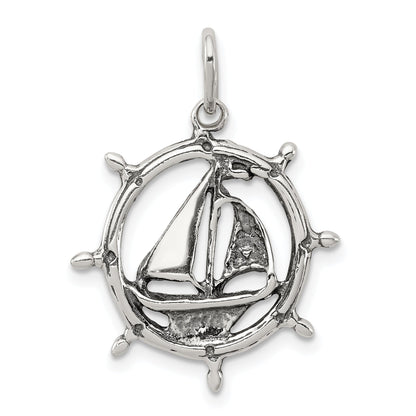 Sterling Silver Antiqued Sailboat In Wheel Charm
