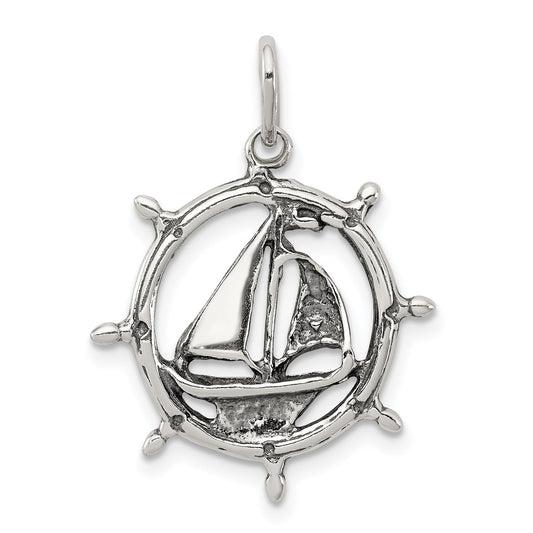 Sterling Silver Antiqued Sailboat In Wheel Charm