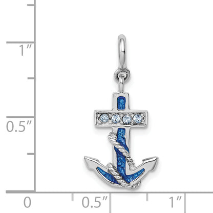 Sterling Silver Rhodium-Plated Preciosa Crystals And Blue Enamel Anchor Charm