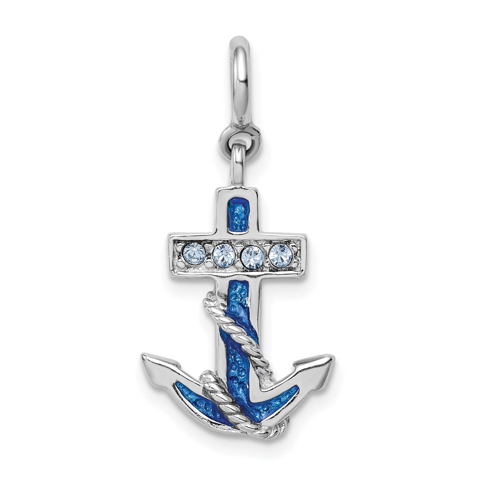 Sterling Silver Rhodium-Plated Preciosa Crystals And Blue Enamel Anchor Charm