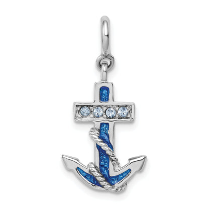 Sterling Silver Rhodium-Plated Preciosa Crystals And Blue Enamel Anchor Charm