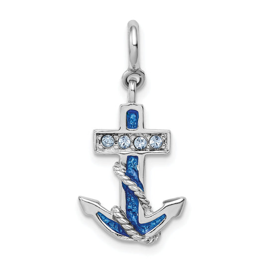 Sterling Silver Rhodium-Plated Preciosa Crystals And Blue Enamel Anchor Charm
