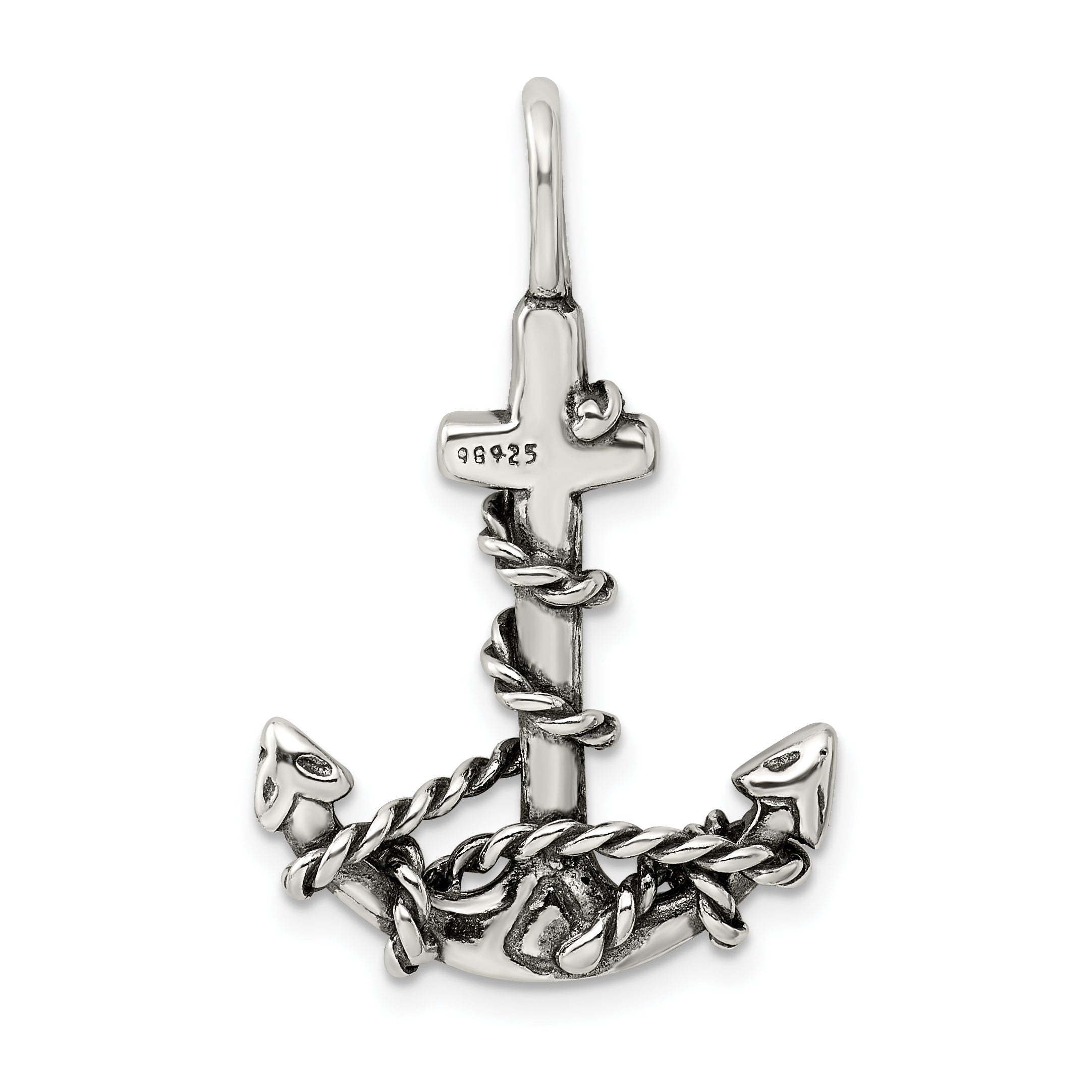 Sterling Silver 3D Antiqued Anchor And Rope Pendant