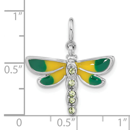 Sterling Silver Rhodium-Plated Polished Green Cz & Enameled Dragonfly W/ Spring Ring Clasp Charm