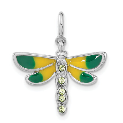 Sterling Silver Rhodium-Plated Polished Green Cz & Enameled Dragonfly W/ Spring Ring Clasp Charm