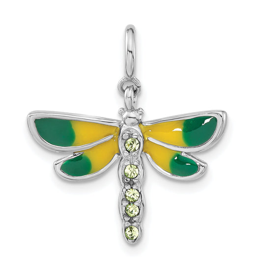 Sterling Silver Rhodium-Plated Polished Green Cz & Enameled Dragonfly W/ Spring Ring Clasp Charm