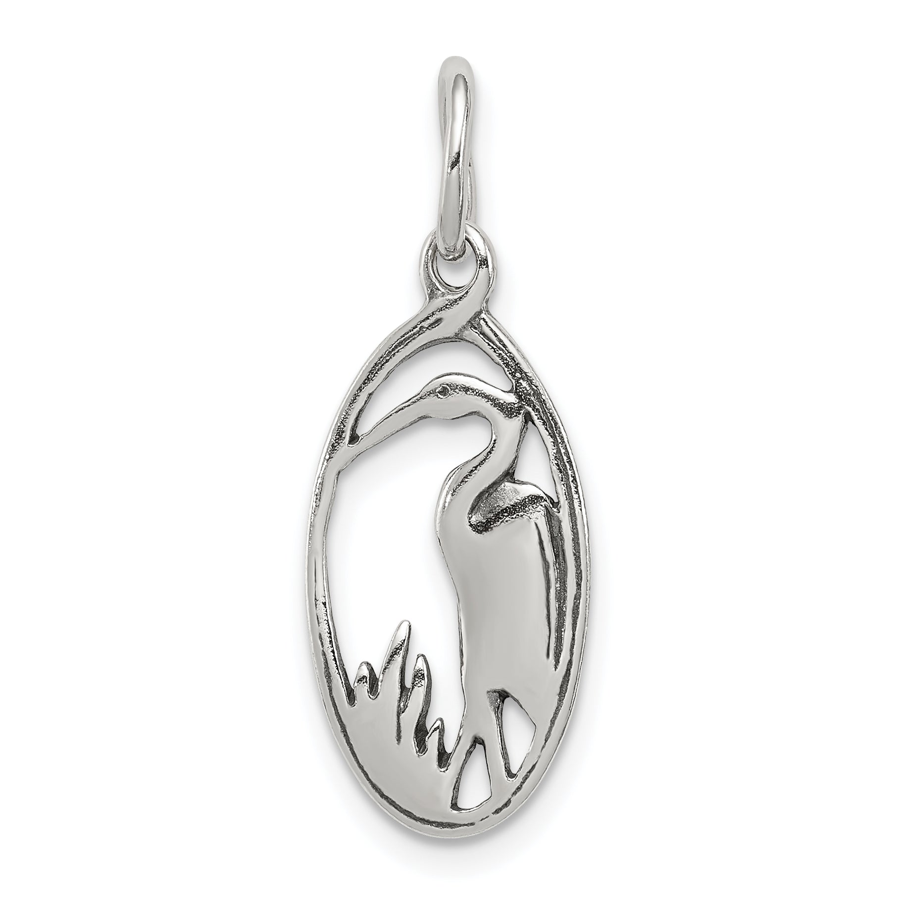 Sterling Silver Antiqued Crane In Oval Frame Charm