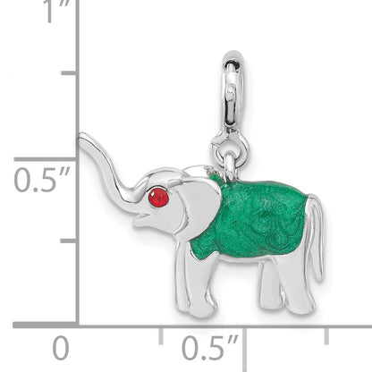 Sterling Silver 3-D Red Cz & Green Enameled Elephant Charm