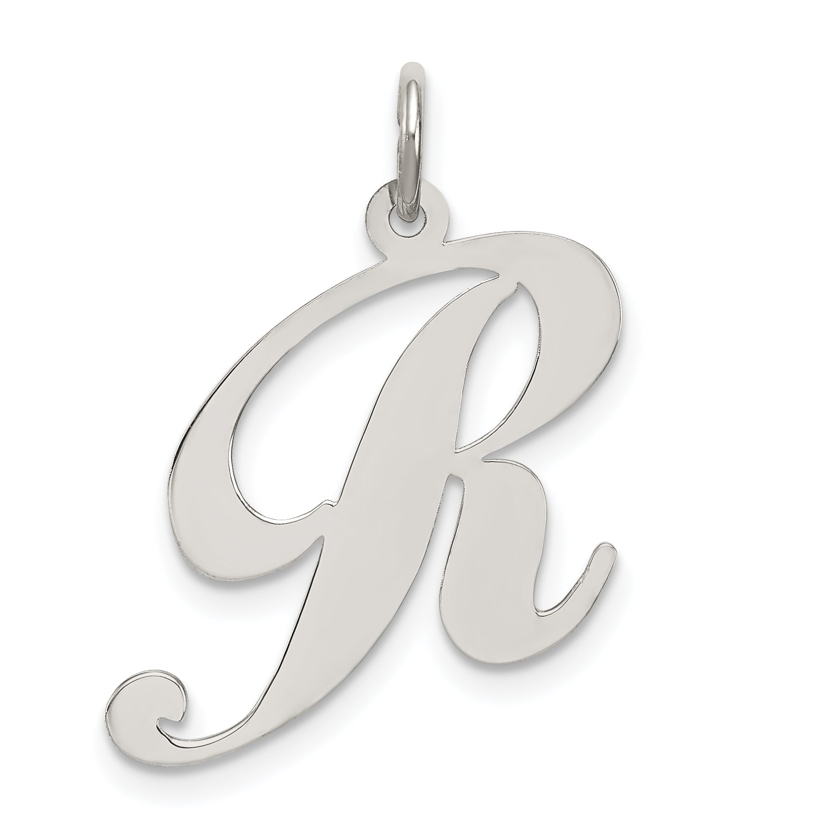 Sterling Silver Rhodium-Plated Fancy Script Letter R Initial Charm