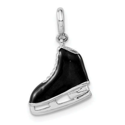 Sterling Silver 3-D Black Enamel Ice Skate W/ Spring Ring Clasp Charm