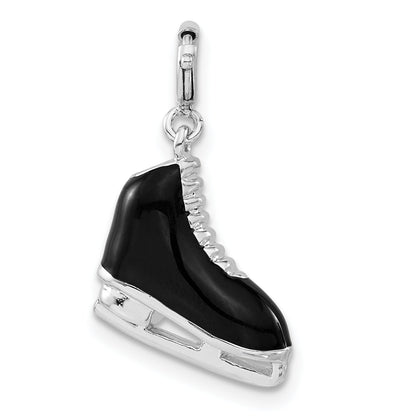 Sterling Silver 3-D Black Enamel Ice Skate W/ Spring Ring Clasp Charm
