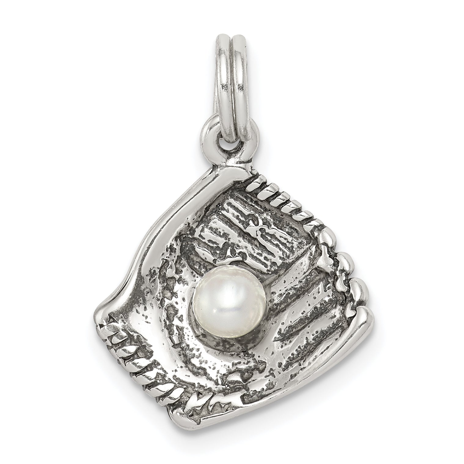 Sterling Silver Antiqued Baseball Glove W/Simulated Pearl Charm