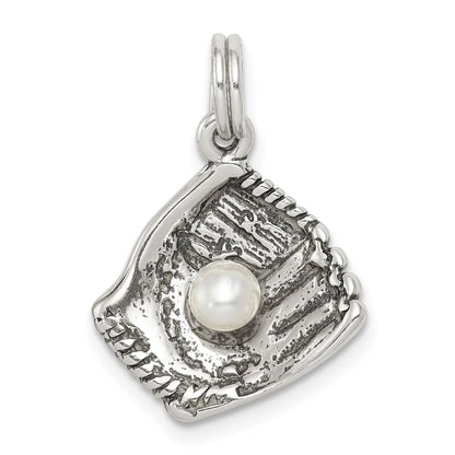 Sterling Silver Antiqued Baseball Glove W/Simulated Pearl Charm