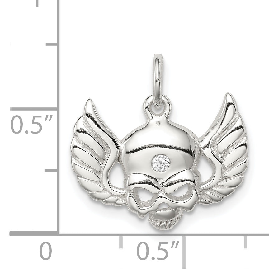 Sterling Silver Cz Skull With Wings Charm