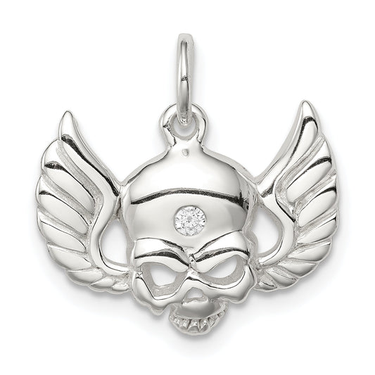 Sterling Silver Cz Skull With Wings Charm
