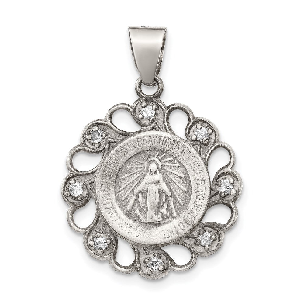 Sterling Silver & Cz Antiqued Blessed Mother Pendant