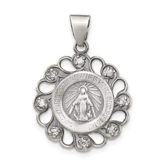 Sterling Silver & Cz Antiqued Blessed Mother Pendant