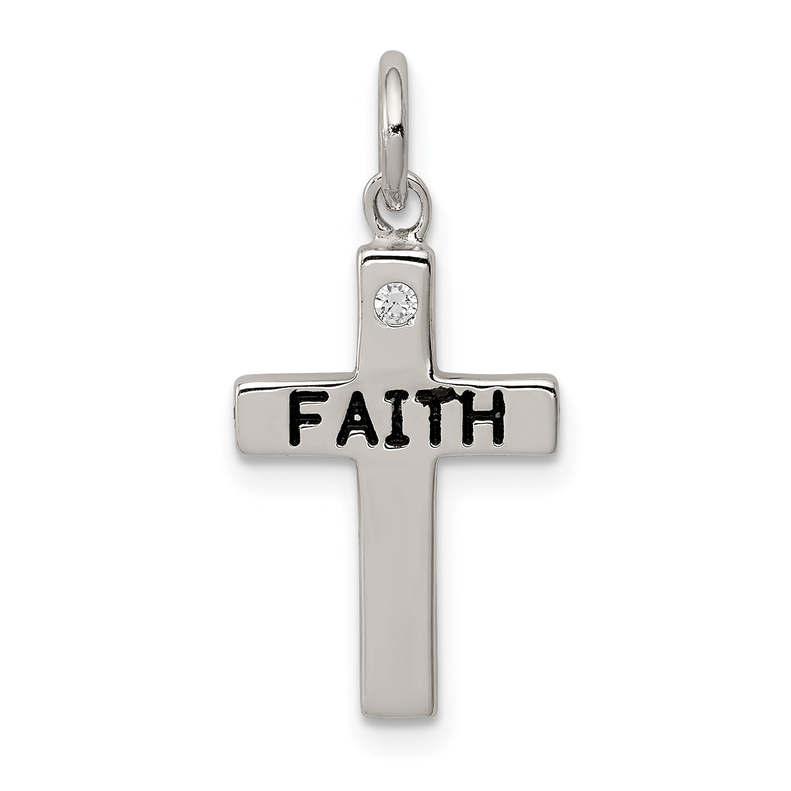 Sterling Silver Rhodium-Plated Black Ink Faith And Cz Antiqued Cross Charm