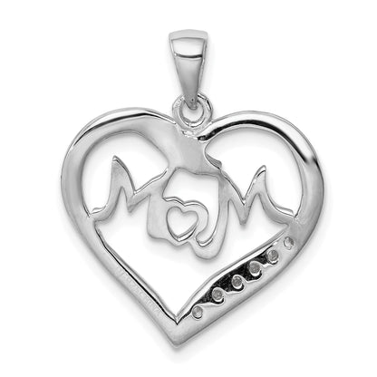 Sterling Silver Rhodium-Plated Mom Cz Heart Pendant